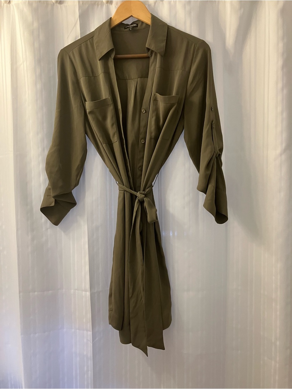 Express Olive Green Shirt Dress with Tie Belt